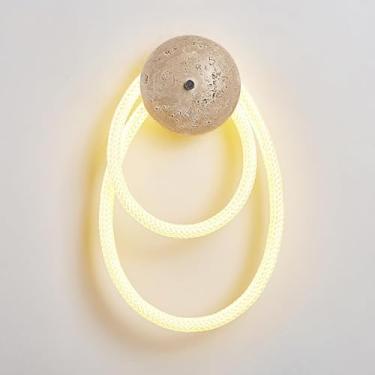 Imagem de Luminária de parede LED estilo Wabi Sabi de cabeceira em formato de anel em travertino para sala de estar, restaurante, loft, cozinha (amarelo, 2 círculos)