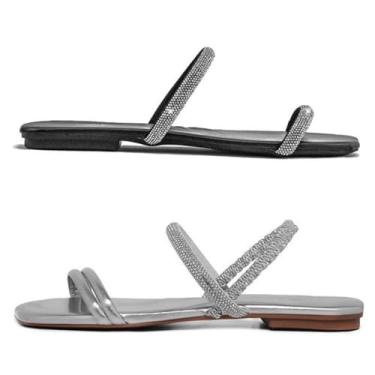 Imagem de Novo Hábito, Kit 2 Rasteirinha Feminina Tira Dupla & Sandália Holográfica Cor:Preto e Prata;Tamanho:40