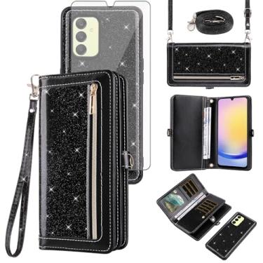 Imagem de Asuwish Capa de celular para Samsung Galaxy A25 5G/A24 4G/M34/F34 /F34 Capa de celular destacável com protetor de tela de vidro temperado, alça com glitter, suporte para cartão A 25 25A 24A LTE