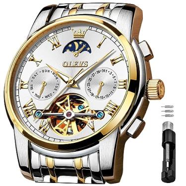 Imagem de Relógio de pulso OLEVS automático masculino esqueleto mecânico Slef-Wind luxuoso de aço inoxidável à prova d'água e luminoso, White Dial and Gold Silver Strap