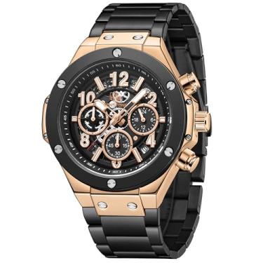 Imagem de SENSETONE Relógios masculinos quartzo cronógrafo aço inoxidável moda negócios esporte relógio de pulso 30 m à prova d'água grande mostrador elegante presente para homens calendário luminoso - rosa,