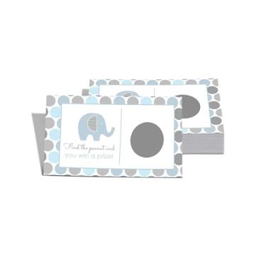 Imagem de Elefante Scratch Off Games (28 cartas) Conjunto de jogo de chá de bebê para meninos – Artigos de festa de animais da selva – Bilhetes de rifa – Azul e Cinza
