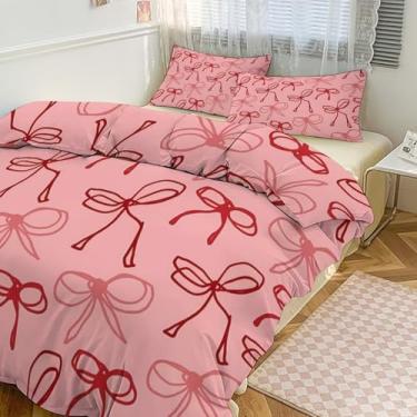 Imagem de Conjunto de capa de edredom com laço vermelho rosa tamanho casal/queen, conjunto de cama de 3 peças 200 x 228 cm para meninos e meninas capa de cama ultramacia (1 edredom + 2 fronhas)
