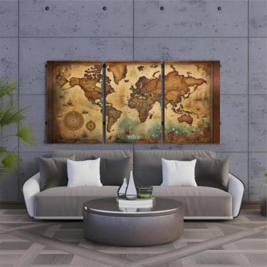 Imagem de Kit 3 Quadro Decorativo Mapa Mundi Antigo Mundo Globo Brasil - Telech