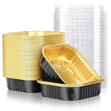 Imagem de Beasea Ramequins de alumínio com tampas, pacote com 50, 241 g, 250 ml, mini quadrados pequenos e descartáveis, 10 cm, forno, mini brownie, formas de cupcake para festa - ouro preto