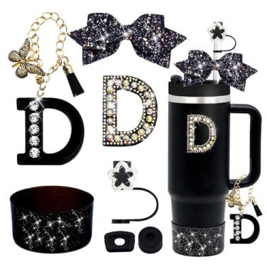 Imagem de Conjunto de acessórios para copo Stanley preto de 7 peças para copo Stanley 850 g 1,134 g, incluindo topo de palha de diamante, pingente de letra, laço brilhante, adesivo de iniciais, tampa à prova de