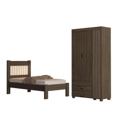 Imagem de Kit Cama Solteiro Para Quarto MDF Com Guarda Roupa 3 Portas 2 Gavetas 