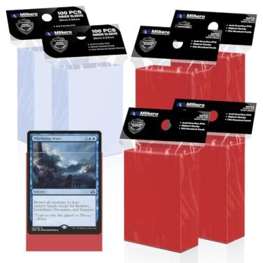 Imagem de Pacote com 400 capas para cartões, 200 capas vermelhas foscas para cartas colecionáveis e 200 mangas internas, ideal para mangas duplas, mangas de compatíveis com MTG, TCG, beisebol, cartões de futebol.