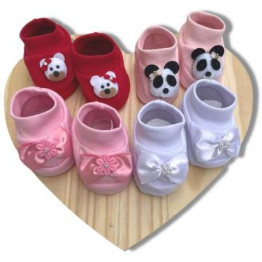 Imagem de Kit 4 Sapatinho 3D Bebê Recem Nascido 100% Algodão Menina Feminino Mei