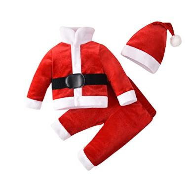 Imagem de MINIFEIKO Roupa de Papai Noel para bebês recém-nascidos para meninos e meninas, casaco e calça de veludo com chapéu de Papai Noel, vermelho Natal, 0-3 meses