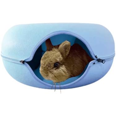 Imagem de Cama de coelho, cama de caverna Peekaboo para chinchilas de porquinhos-da-índia, túnel de donut para coelhos, casa de animais pequenos, feltro redondo removível e túnel de jogo interno lavável (azul