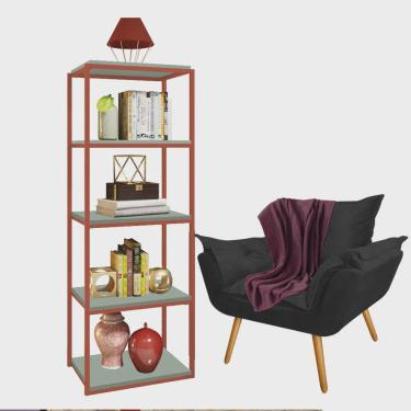Imagem de Kit Poltrona Fatte com Manta Soft Bordô e Estante Livreiro Ferro Bronze mdf Verde Oliva Suede Preto - Ahz Móveis