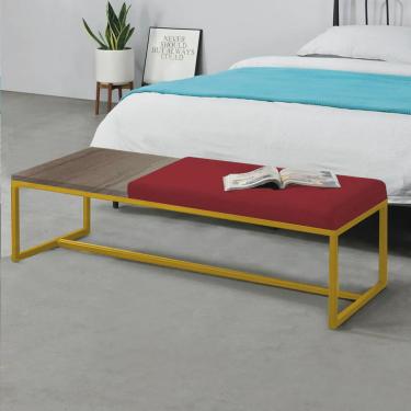 Imagem de Calçadeira Recamier Londres 140cm Industrial Dourado Suede Vermelho Tampo Quadrado mdf Imbuia - Ahz Móveis