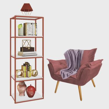 Imagem de Kit Poltrona Fatte com Manta Soft Lilás e Estante Livreiro Ferro Bronze mdf Branco Suede Rose Gold - Ahz Móveis