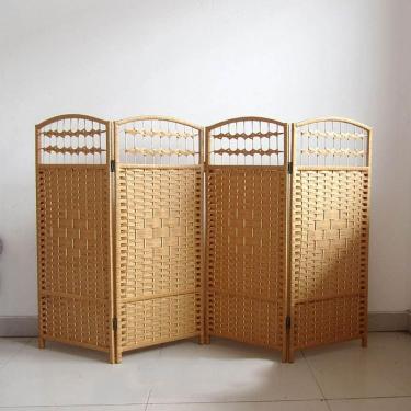 Imagem de Divisor de tela de berçário de vime, cerca de área dobrável Telas decorativas infantis Canto de área móvel Divisória de tela pequena, Painel Natural-4, 80x160cm