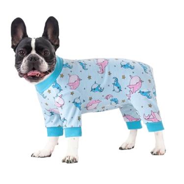 Imagem de Macacão de recuperação de cães para cirurgia, macacão de cachorro pequeno e médio, macacão fofo macio para cães com cone alternativo para evitar lamber recuperação, terno feminino masculino (golfinhos