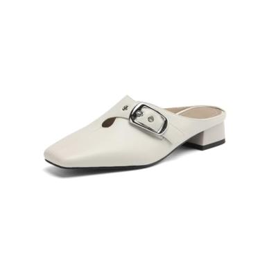 Imagem de TinaCus Sandália feminina de salto baixo com fivela feita à mão com bico quadrado fechado, Bege, 38