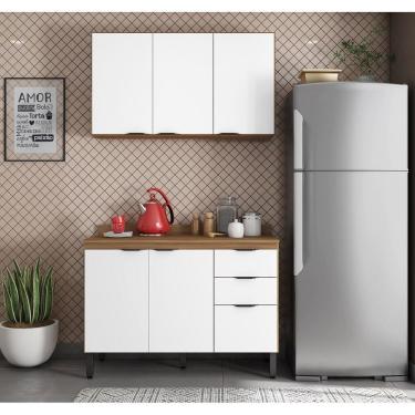 Imagem de Kit Cozinha Firenze 3 peças Balcão 120m com Tampo MDP E Armário 3 Portas Suspenso - Amêndola Touch/Branco Demóbile
