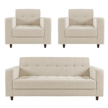 Imagem de Kit 01 Sofá 3 Lugares E 02 Poltronas Arezzo Linho Bege A19 Pés Chanfrado Tabaco - D'rossi