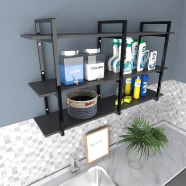 Imagem de Prateleira Industrial Lavanderia Preto Area De Serviço Nicho Moderno Suspenso Madeira