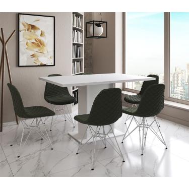 Imagem de Mesa Jantar Londres Retangular Branca 137X90 6 Cadeiras Estofadas Verde Ferro Branco