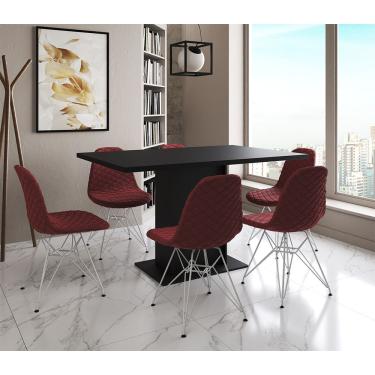 Imagem de Mesa Jantar Londres Retangular Preta137X90Cm 6 Cadeiras Estofadas Vermelho Ferro Branco