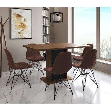 Imagem de Mesa Jantar Londres Retangular Amêndoa 137X90 Base Preta 6 Cadeiras Estofadas Caramelo Ferro Preto