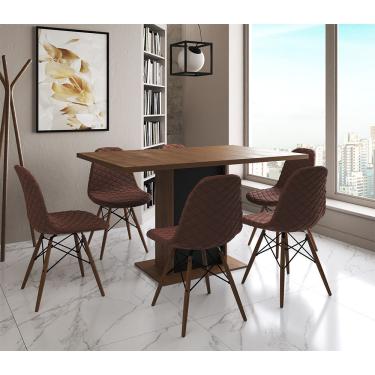 Imagem de Mesa Jantar Londres Retangular Amêndoa 137X90 Base Preta 6 Cadeiras Estofadas Caramelo Madeira