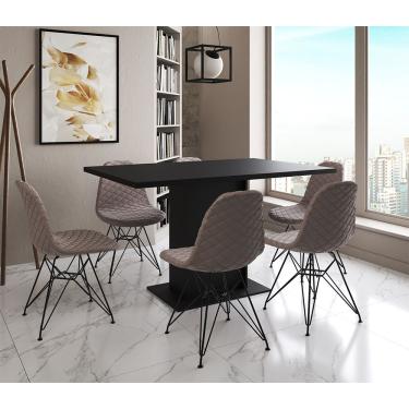 Imagem de Mesa Jantar Londres Retangular Preta 137X90Cm 6 Cadeiras Estofadas Nude Médio Ferro Preto