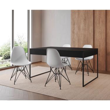 Imagem de Mesa Jantar Industrial Retangular 137X90Cm Preta Com 4 Cadeiras Brancas Base Ferro Cor: Preto