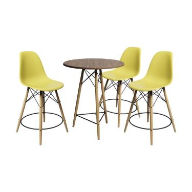 Imagem de Kit 3 Banquetas Bistrô Eames Eiffel Madeira Maciça Assento Plástico Polipropileno Marrom Amarelo UP Home