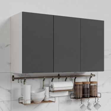 Imagem de Armário Aéreo 3 Portas 120cm Puxador 150cm Ipanema Cabecasa Madeiramadeira Grafite Trama/branco