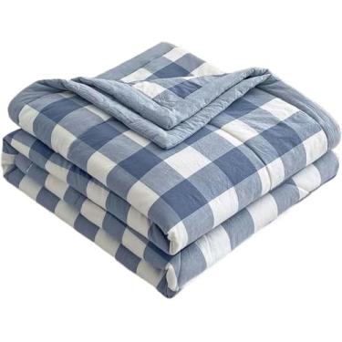 Imagem de Colcha para cama de verão/primavera, colcha de algodão, patchwork, design reversível, xadrez, bege, edredom de cama de casal forrado e acolchoado cobertor azul, 150 x 200 cm