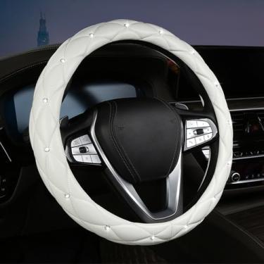 Imagem de Capa de volante de diamante com strass de cristal para acessórios interiores de carro, antiderrapante, couro sintético, ajuste universal automático de 38 cm (branco)