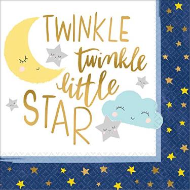 Imagem de amscan Twinkle Twinkle Little Star Gold Stamp Beverage Napkins-16pc, Blue/White/Multicolor, One Size