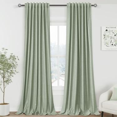 Imagem de Cortinas de linho Light Sage 228,6 cm de comprimento, conjunto de 2 painéis para quarto, isolamento térmico, 100% blackout cortinas de linho aba traseira neutra rústica moderna cortina escurecimento