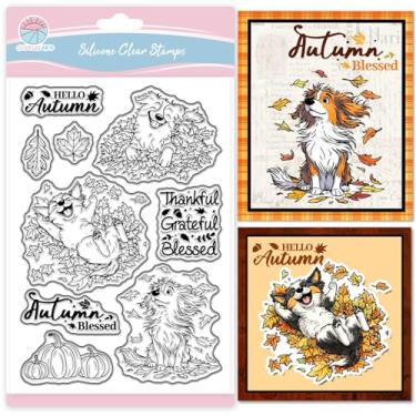 Imagem de GLOBLELAND Carimbos transparentes de outono com desenho de cachorro para fazer cartões, animais de outono, abóbora, silicone, selos transparentes, selos para decoração de álbuns de fotos em relevo