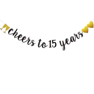 Imagem de Faixa Cheers to 15 Years, pré-amarrada, faixa de papel com glitter preto para suprimentos de decorações de festa de aniversário de 15 anos/casamento, sem necessidade de montagem, letras pretas