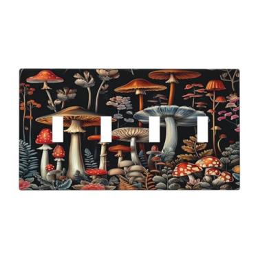 Imagem de Sghxwp Boho, abstrato, colorido, cogumelos, botânico, escuro, quadriciclo, interruptor, capas decorativas para 4 gangs, placas de interruptor de dispositivo elétrico de 4 furos para decoração de