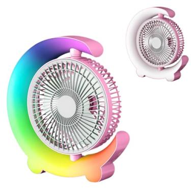 Imagem de Ventilador Portátil Recarregável de Mesa Iluminação LED RGB Circulating Branco com Rosa