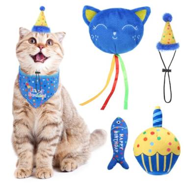 Imagem de BINGPET Brinquedos de aniversário de gato para gatos em ambientes internos, chapéu de aniversário de gato, bandana e bolo de aniversário de gato, brinquedos interativos de pelúcia para mastigar, peixe