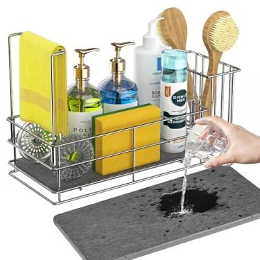 Imagem de Yofidra Suporte de esponja para organizador de cozinha: suporte de pia com pedra de secagem instantânea, aço inoxidável de metal, 23,9 cm x 12,9 cm x 17,9 cm x 17,8 cm, acessórios de organização e