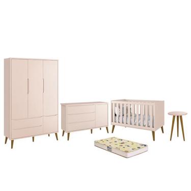 Imagem de Dormitório Infantil Theo Retrô 3 Portas, Cômoda 1 Porta, Berço, Mesa de Apoio com Pés Amadeirado e Colchão D18 - Reller Móveis Rosa Fosco