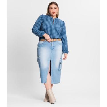 Imagem de Blusa Plus Size Em Air Flow Xadrez Secret Glam Azul, Plus G2, Azul
