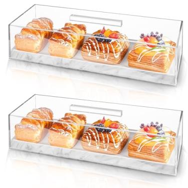 Imagem de Kingrol Pacote com 2 bandejas retangulares de acrílico com tampas, 35 x 12 x 8 cm, suportes de bolo marmorizados para pão, pastelaria e charcutaria