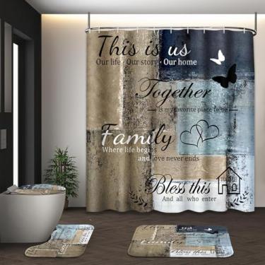 Imagem de Tayney Conjunto de cortina de chuveiro motivacional para casa familiar com tampa de vaso sanitário e tapetes antiderrapantes para banheiro, pintura abstrata cinza marrom 4 peças, conjunto de banheiro
