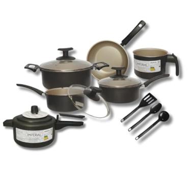 Imagem de Conjunto Jogo 9pç Panelas Antiaderentes Teflon Tampa Vidro (Preto e bege)