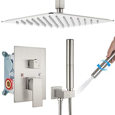 Imagem de Conjunto de torneira de chuveiro de montagem no teto, 30,5 cm, quadrada, chuveiro de aço inoxidável, 2 em 1, chuveiro cilíndrico portátil com válvula de desbaste