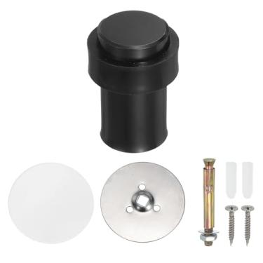 Imagem de PATIKIL 1 conjunto de batentes de porta redondos, batente de porta de aço inoxidável de 60 mm, cunha, cilindro de metal autoadesivo com parafuso para parte inferior do piso da porta interna, preto