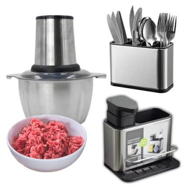 Imagem de KIT Processador Moedor de Alimentos Elétrico Inox (3L-220V), IRÃO MONTADAS!! E Porta Detergente/Porta Talheres com 4 Divisórias